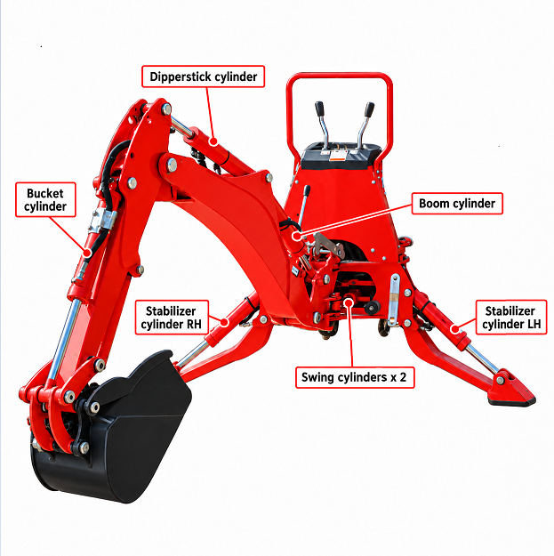 Backhoe: boom, bucket, dipperstick, swing and stabilizer cylinder positions