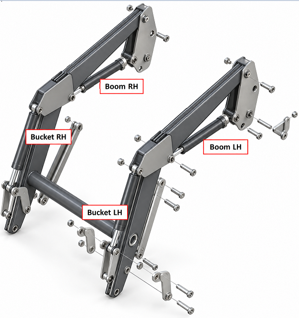 Loader: boom and bucket cylinder positions, LH and RH
